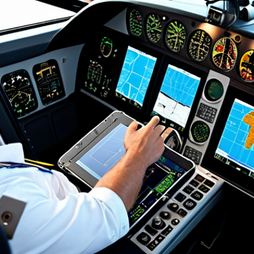 Home 4 **Cockpit view of a pilot using an Electronic Flight Bag (EFB):** A modern, digital cockpit with a pilot interacting with a tablet-like EFB, displaying flight plans and real-time data.