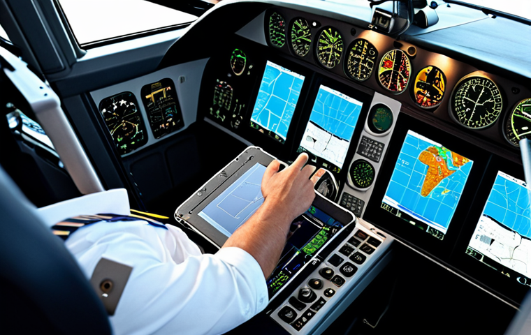 **Cockpit view of a pilot using an Electronic Flight Bag (EFB):** A modern, digital cockpit with a pilot interacting with a tablet-like EFB, displaying flight plans and real-time data.